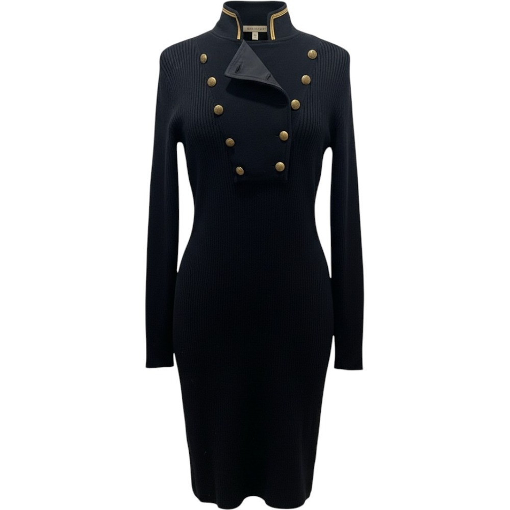 Lauren Ralph Lauren Military Ribbed Sweater Dress Black Gold Button Midi M